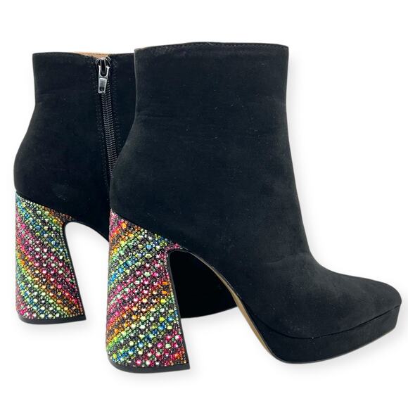 Betsey Johnson Ankle Boots Raylan Black Faux Suede Rhinestones Mutlicolor - Picture 10 of 14